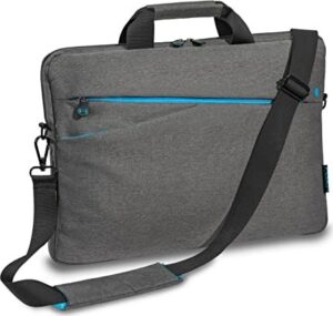 Graue Laptoptasche mit blauem Reißverschluss und Schultergurt.