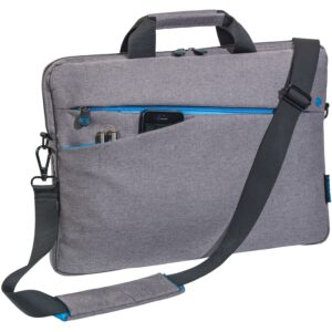 Graue Laptoptasche mit blauem Reißverschluss und Schultergurt auf weißem Hintergrund.