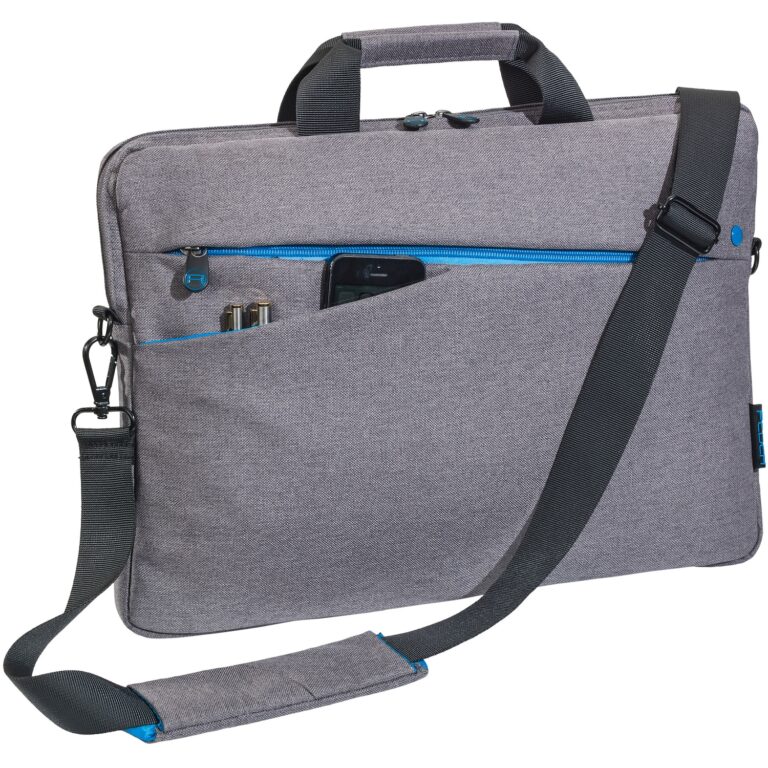 Graue Laptoptasche mit blauem Reißverschluss und Schultergurt auf weißem Hintergrund.