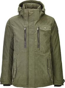 Grüne Winterjacke mit Kapuze und mehreren Taschen, frontal abgebildet.