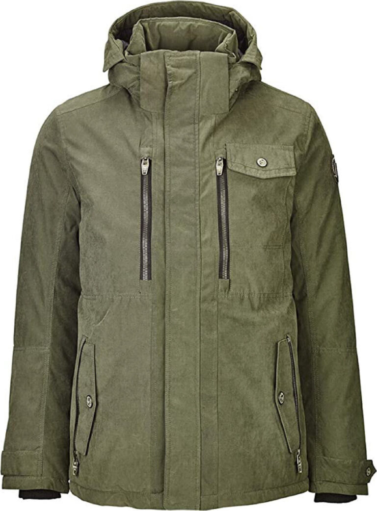 Grüne Winterjacke mit Kapuze und mehreren Taschen, frontal abgebildet.
