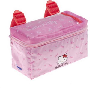 Rosa Tasche mit roten Trägern und Reißverschluss, bedruckt mit bekannten Motiven.