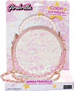 Runde Tasche mit Pailletten, Perlenhenkel und Kette auf rosa Hintergrund.