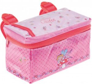 Rosa Kindertasche mit roten Details und verspieltem Feenmotiv.