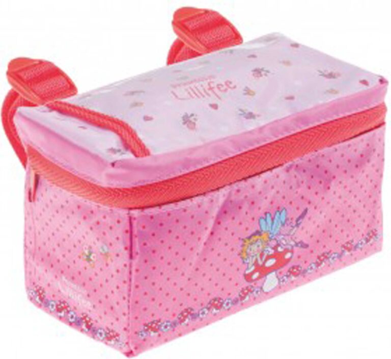 Rosa Kindertasche mit roten Details und verspieltem Feenmotiv.
