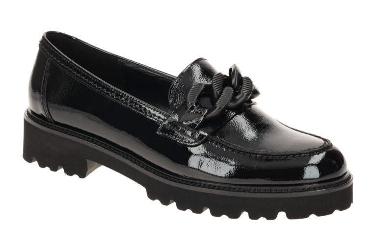 Schwarzer Lack-Loafer mit dekorativem Knoten, seitlich fotografiert.