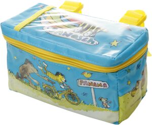 Blaue Tasche mit gelbem Reißverschluss und Janosch-Motiv, Kinderdesign, Panama-Schriftzug.