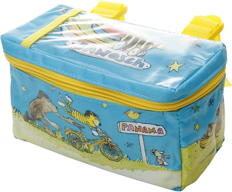 Blaue Tasche mit gelbem Reißverschluss und Janosch-Motiv, Kinderdesign, Panama-Schriftzug.