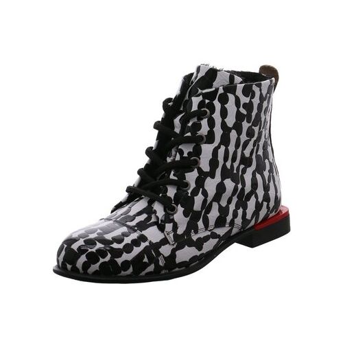 Schwarz-Weiß gemusterter Ankle-Boot mit Schnürsenkeln und rotem Absatz.