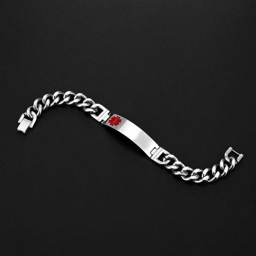 Silbernes Armband auf schwarzem Hintergrund mit roten medizinischen Symbolen. Silbernes Armband auf schwarzem Hintergrund mit roten medizinischen Symbolen.