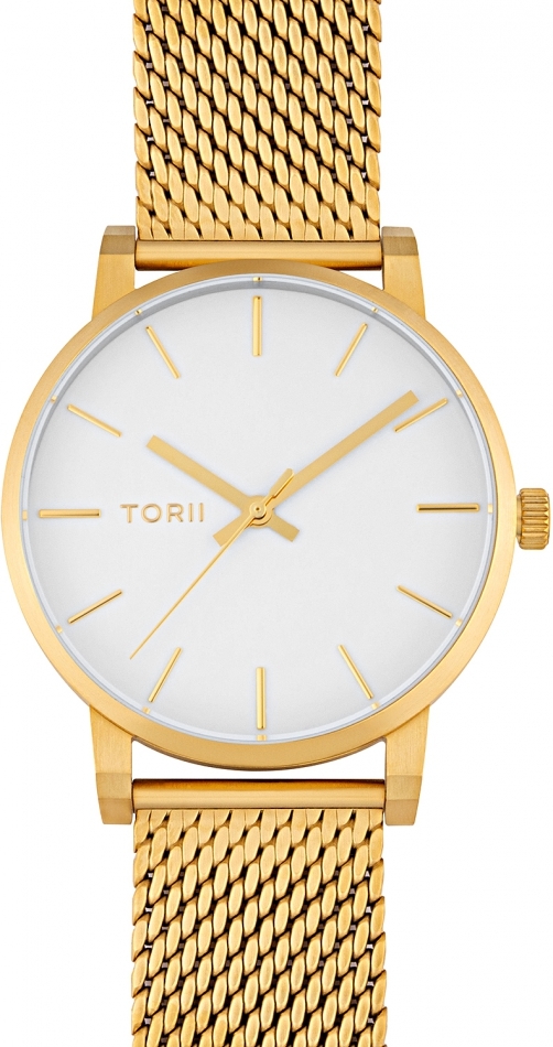 Goldene Armbanduhr mit weißem Zifferblatt und Mesh-Armband.