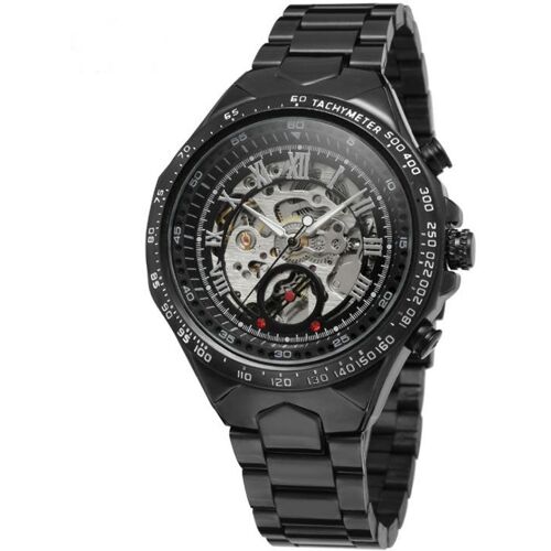 Schwarze Armbanduhr mit skelettiertem Zifferblatt und Tachymeter auf Edelstahlarmband. Schwarze Armbanduhr mit skelettiertem Zifferblatt und Tachymeter auf Edelstahlarmband.