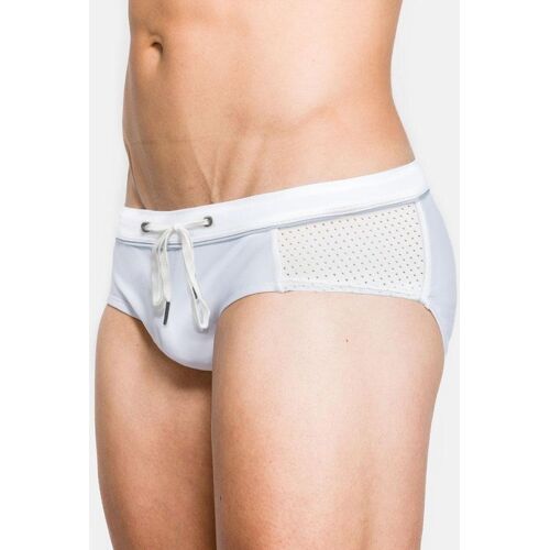 Weiße Badehose für Männer mit Kordelzug und Netzdetails.