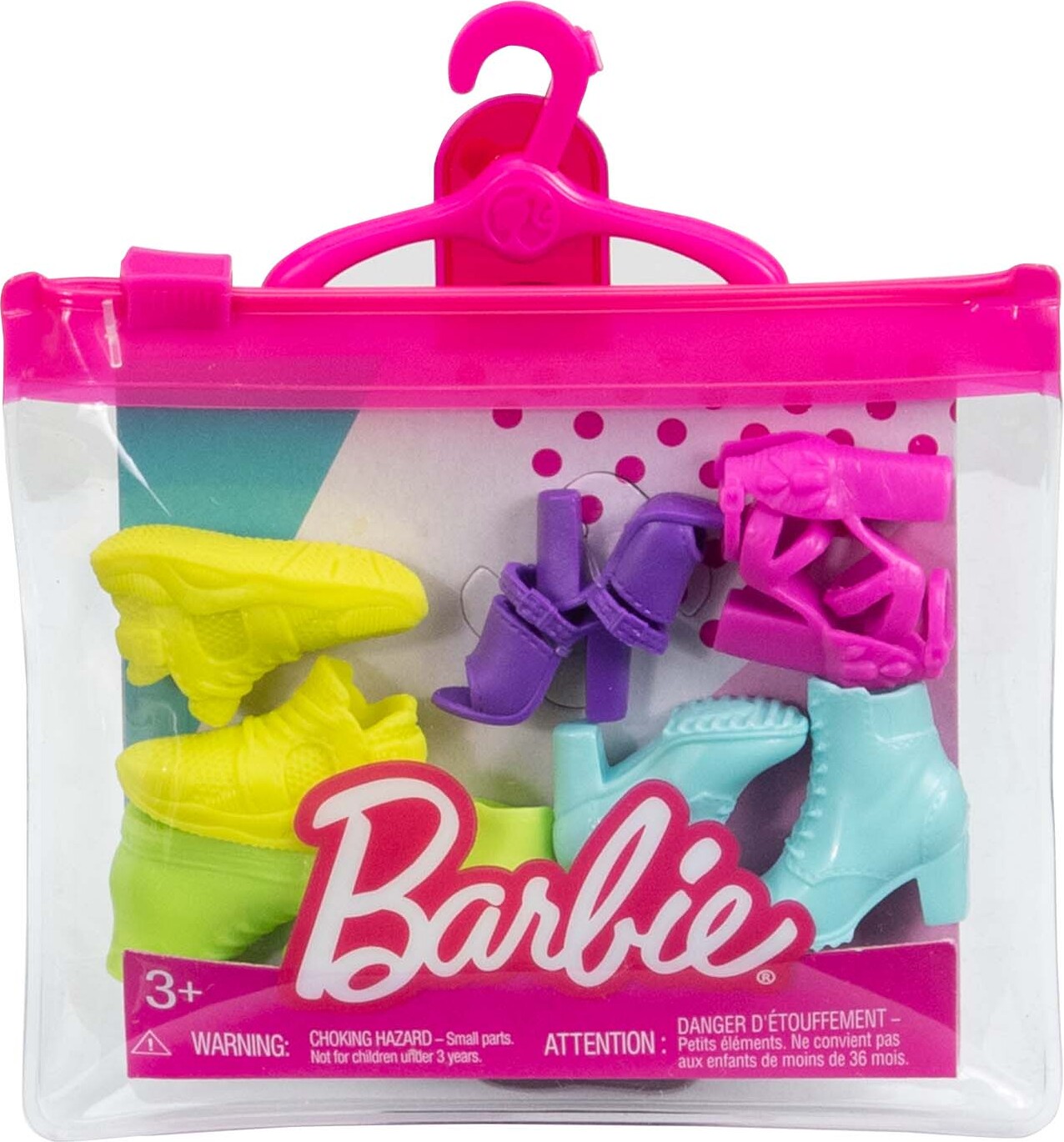 Barbie-Schuhzubehör in bunter Verpackung mit verschiedenen Stilen.
