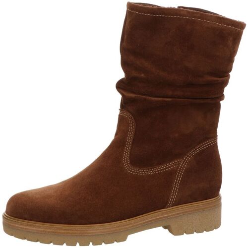Brauner Wildleder-Damenstiefel mit flacher Sohle und Ziernähten.