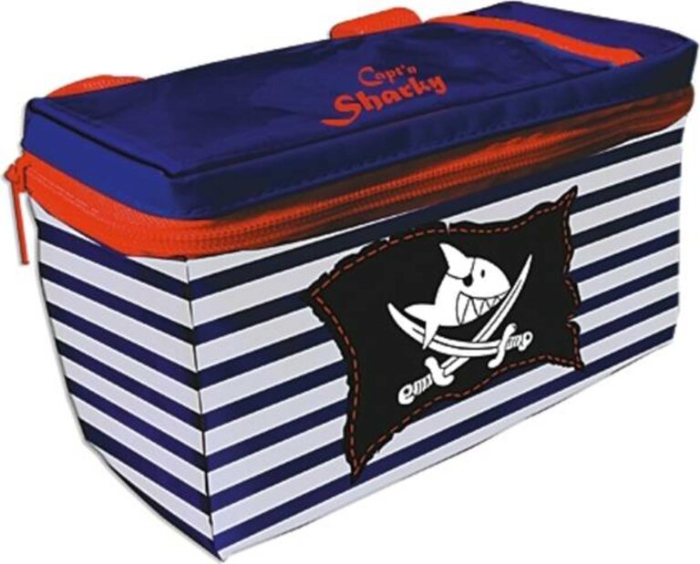 Gestreifte Kühlbox mit Piratenmotiv und rotem Reißverschluss.