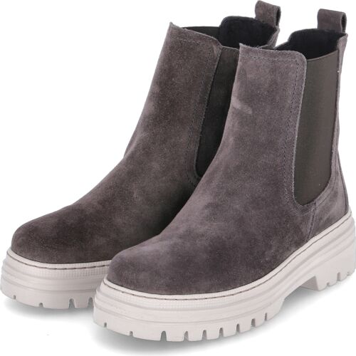 Graue Chelsea-Boots aus Wildleder mit weißer Plateau-Sohle auf weißem Hintergrund.