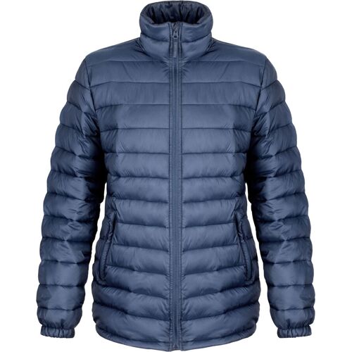 Blaue gesteppte Daunenjacke mit Reißverschluss.