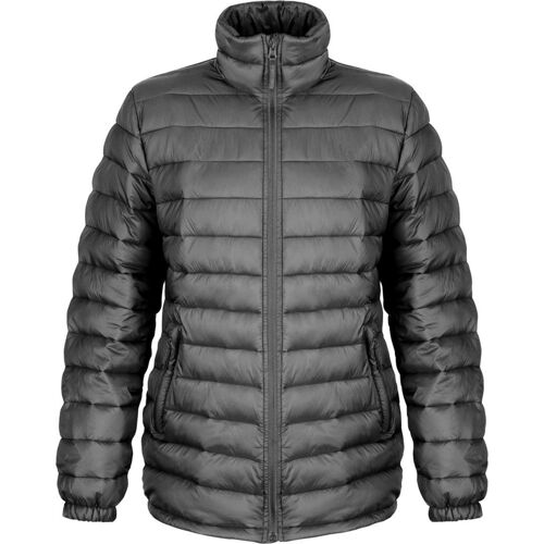 Graue gesteppte Daunenjacke mit Reißverschluss.