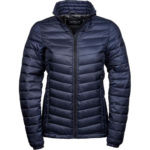 Dunkelblaue Steppjacke mit durchgehendem Reißverschluss und Stehkragen. Dunkelblaue Steppjacke mit durchgehendem Reißverschluss und Stehkragen.