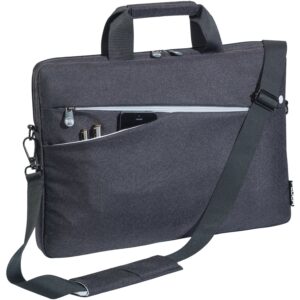 Schwarze Laptoptasche mit Reißverschluss, Schultergurt und vorderem Fach.