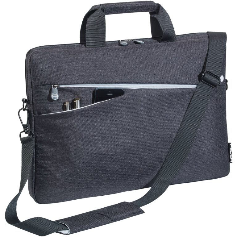 Schwarze Laptoptasche mit Reißverschluss, Schultergurt und vorderem Fach.
