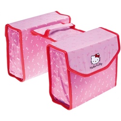 Zwei rosa Fahrradtaschen mit Cartoon-Motiv und roter Umrandung.