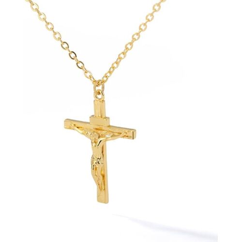 Goldene Halskette mit detailliertem Kreuzanhänger auf weißem Hintergrund. Goldene Halskette mit detailliertem Kreuzanhänger auf weißem Hintergrund.