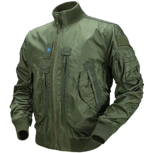 Grüne Bomberjacke mit Reißverschlüssen und mehreren Taschen, liegend präsentiert.