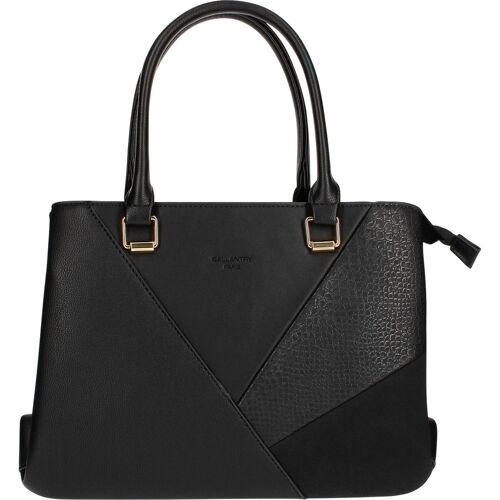 Schwarze Lederhandtasche mit geometrischem Design und Tragegriffen. Schwarze Lederhandtasche mit geometrischem Design und Tragegriffen.