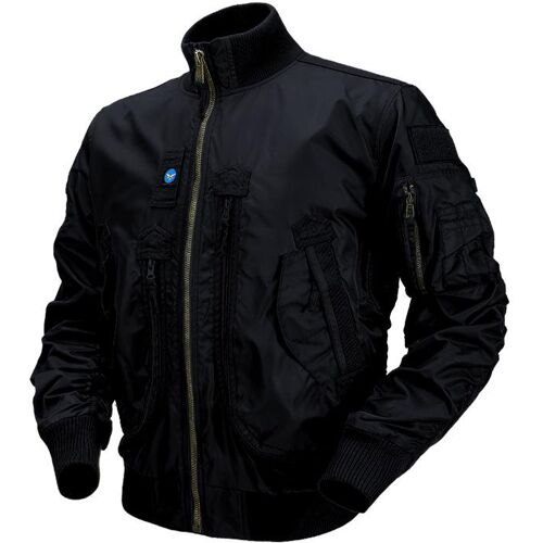 Schwarze Jacke mit Reißverschluss, mehreren Taschen und gerippten Bündchen.