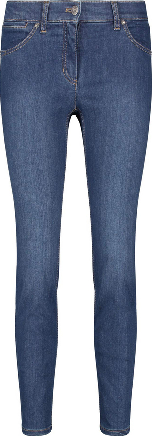 Blaue Damenjeans in schmalem Schnitt mit Taschen und Knopfverschluss. Blaue Damenjeans in schmalem Schnitt mit Taschen und Knopfverschluss.