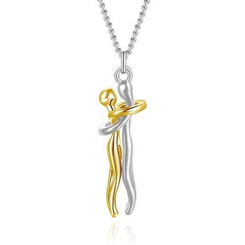 Silber- und goldfarbener Anhänger mit abstrakter Umarmungsform an einer Kette. Silber- und goldfarbener Anhänger mit abstrakter Umarmungsform an einer Kette.