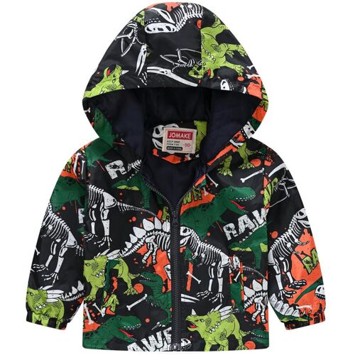 Kinderjacke mit Dinosauriermotiv, bunten Farben und Kapuze, vorderansicht. Kinderjacke mit Dinosauriermotiv, bunten Farben und Kapuze, vorderansicht.