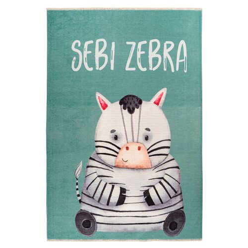 Grüner Kinderteppich mit illustriertem Zebra und Schriftzug 