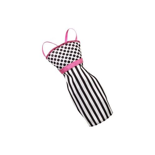 Schwarz-weißes Kleid mit Streifen und Punkten sowie rosa Akzenten.
