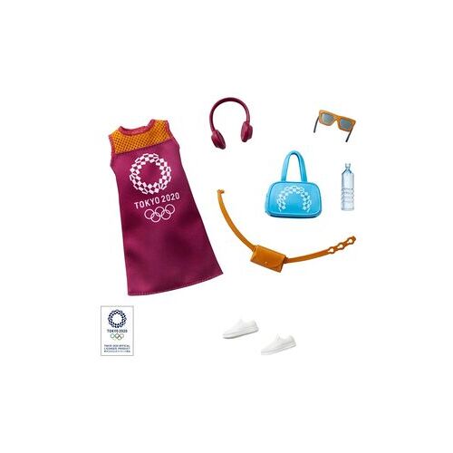 Kleidung und Accessoires mit Tokyo 2020 Logo, darunter ein Kleid und eine Tasche. Kleidung und Accessoires mit Tokyo 2020 Logo, darunter ein Kleid und eine Tasche.