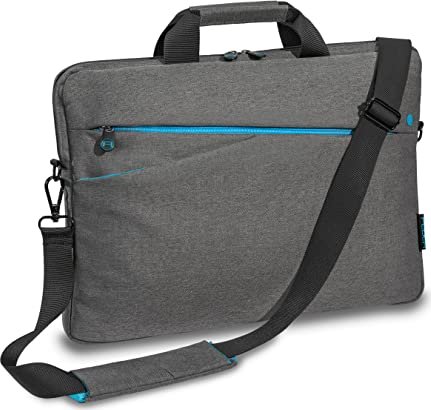 Graue Laptoptasche mit blauem Reißverschluss und Schultergurt.