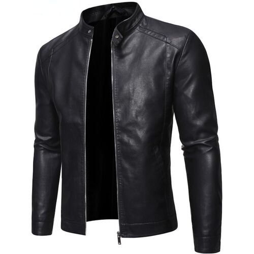 Schwarze Lederjacke mit Stehkragen und Reißverschluss, stilvoll und modern. Schwarze Lederjacke mit Stehkragen und Reißverschluss, stilvoll und modern.