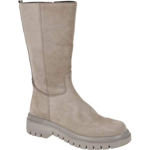 Beiger Lederstiefel mit robustem Profil und mittlerer Schafthöhe.