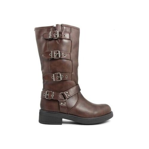 Brauner Lederstiefel mit mehreren Schnallen an der Seite auf weißem Hintergrund.