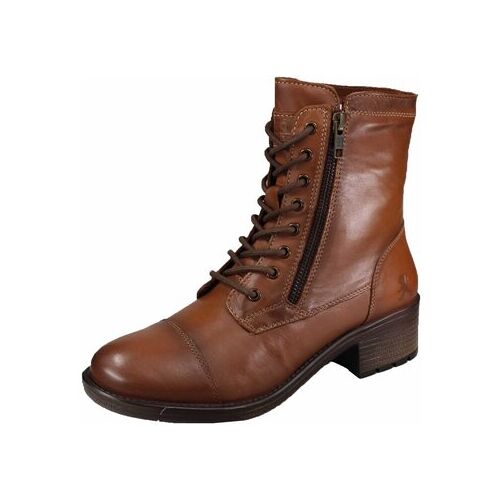Brauner Lederstiefel mit Schnürung und seitlichem Reißverschluss auf weißem Hintergrund.