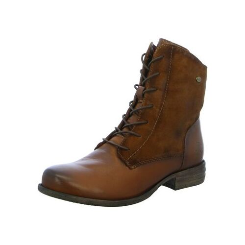 Brauner Leder-Schnürstiefel mit niedrigem Absatz.