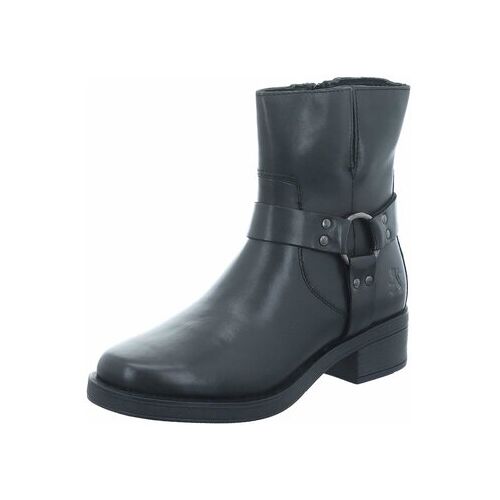 Schwarzer knöchelhoher Lederstiefel mit dekorativem Riemen seitlich.