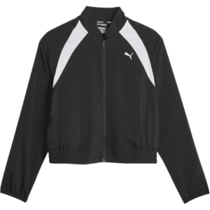 Schwarze Sportjacke mit weißen Details und einem Reißverschluss in der Mitte.