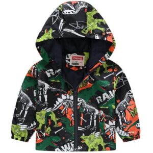 Kinderjacke mit Dinosauriermotiv, bunten Farben und Kapuze, vorderansicht.