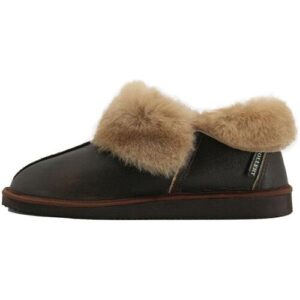 Schwarze Lederschuhe mit braunem Lammfellkragen und rutschfester Sohle.