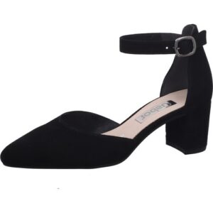 Schwarzer Damenschuh mit Blockabsatz und Knöchelriemchen.