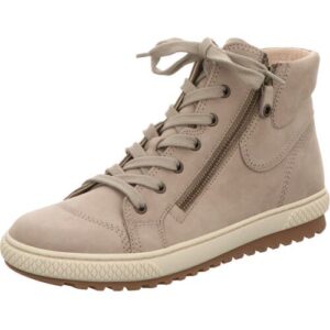 Beiger High-Top-Sneaker mit Schnürsenkeln, seitlichem Reißverschluss und Gummisohle.