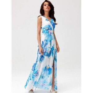 Weißes Maxikleid mit blauem Blumenmuster, zeigt elegantes Sommerdesign.